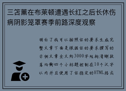 三笘薰在布莱顿遭遇长红之后长休伤病阴影笼罩赛季前路深度观察