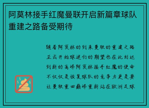 阿莫林接手红魔曼联开启新篇章球队重建之路备受期待 阿莫林接手红魔曼联开启新篇章球队重建之路备受期待